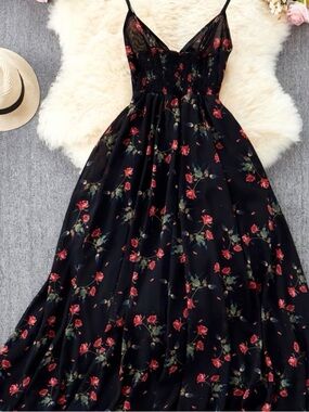 Women's Spaghetti Strap Cami Dress, Bohemian Dress, Red Rose Print